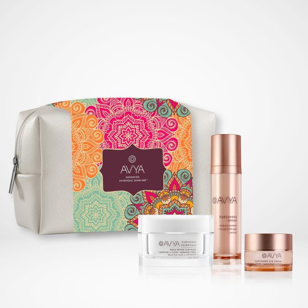 Avya Daily Bare Essentials - Detox Mask 1.7oz. + Hydroveda Serum 1oz. + Hydroveda Eye Cream 0.5oz. – Daily Kit For Ayurvedic Skincare Routine