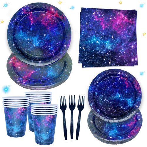 Space Galaxy Party Supplies Tableware Set Outer Space Theme Birthday Party Decoration Starry Night Solar System Planet Plates Napkins Forks Cups for 24 Guests