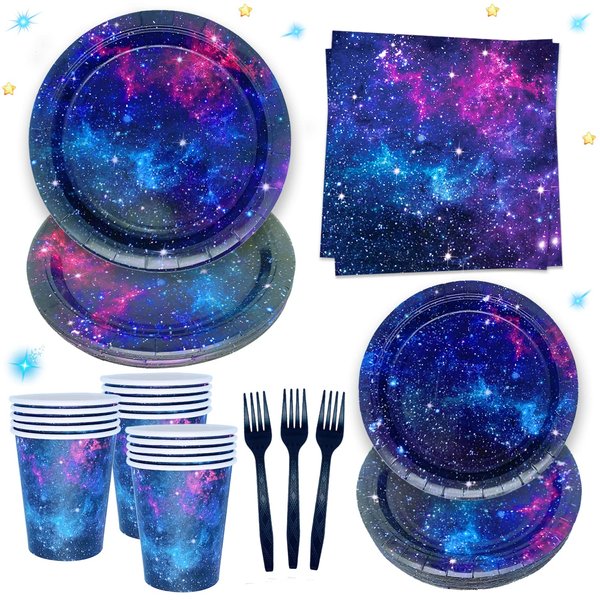 Space Galaxy Party Supplies Tableware Set Outer Space Theme Birthday Party Decoration Starry Night Solar System Planet Plates Napkins Forks Cups for 24 Guests