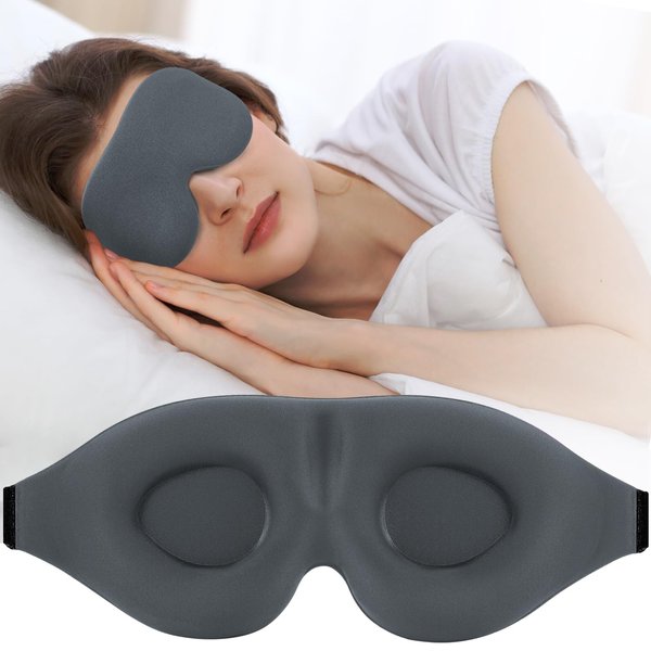 3D Sleep Mask for Side Sleeper, 100% Light Blocking Sleeping Eye Mask for Women Men, Contoured Cup Night Blindfold, Luxury Eye Cover Eye Shade with Adjustable Strap for Travel, Nap, Grey