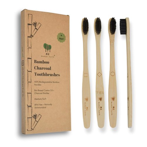 ME MOTHER EARTH Bamboo Charcoal Toothbrush Pack, Medium Soft Bristle Brush, Charcoal Infused Bristles, Biodegradable & Eco Friendly, Sustainable Bamboo (Pack of 4)