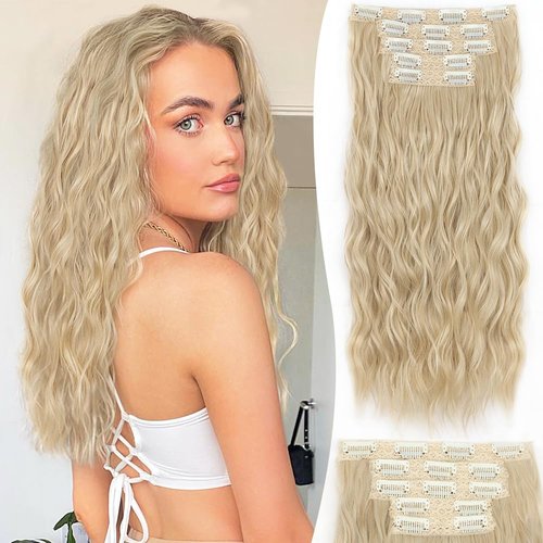 ALXNAN Clip in Hair Extensions, 16" Bleach Blonde Hair Extensions, Thick Long Mermaid Waves Hair Extensions Soft Hairpieces For Women
