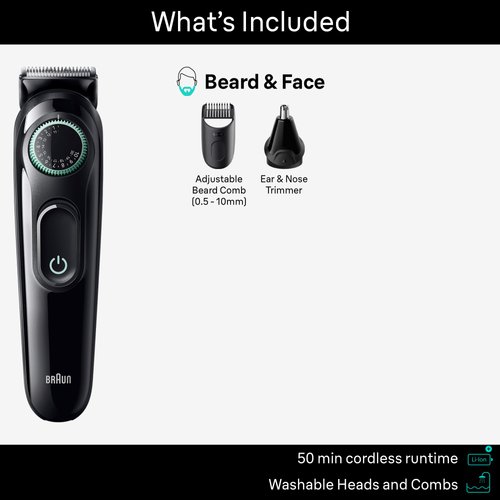 Braun All-In-One Style Kit Series 3 3430, 3-in-1 Trimmer for Men with Beard Trimmer, Ear & Nose Trimmer, Hair Clippers, Ultra-Sharp Blade, 20 Length Settings, Washable