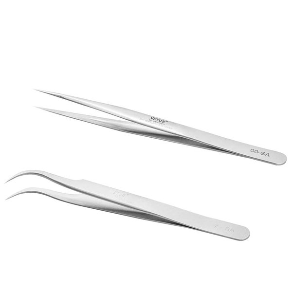 EMEDA Eyelash Extension Tweezers 2 Pieces VETUS Straight Pointer and J Curved Tweezers for Eyelash Extensions Precision Lashing Tweezers Professional Tools for Isolation Classic Volume Lash Extensions