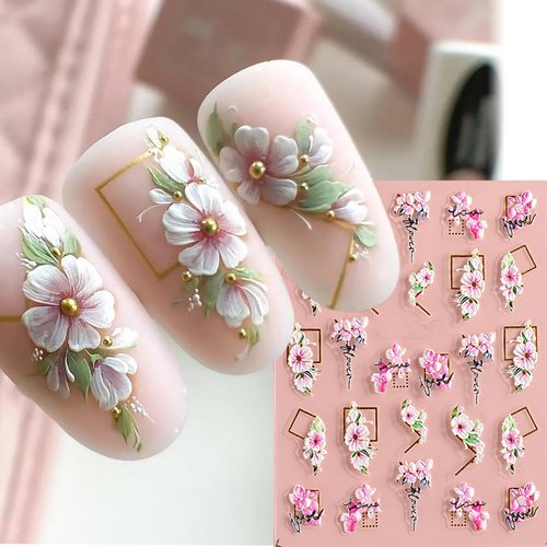 Flower Nail Art Stickers 5 Sheets 5D Nail Stickers Acrylic Embossed Engraved Manicure Nail Art Decorations Nail Decals Nail Art Supplies Pink White Floral Leaf DIY for Women and Girls (Pinky White)