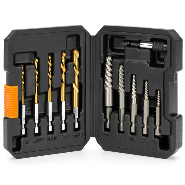 THINKWORK Easy Out Screw Extractor Set, Broken Bolt Extractor Kit, Easy Out Bolt Extractor Set & Left Hand Drill Bit Set for Removing Stripped Screws, Bolts, Fasteners, 11 Pieces
