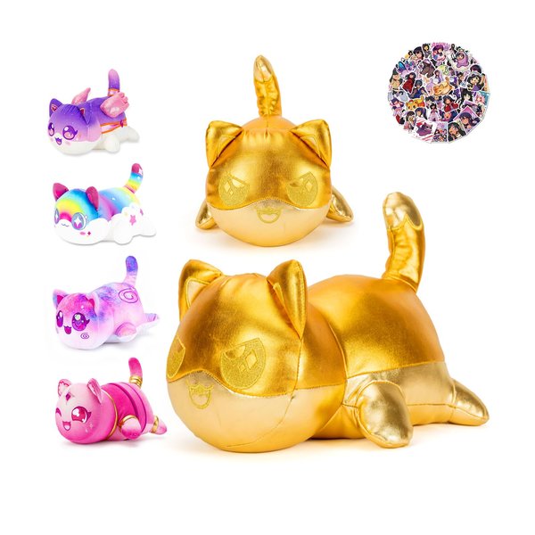 LCCOOUS® 61-PCS 丨 6.1" Gold Cat Plush+ 60pcs Cat Stickers -Meow Cat Plush -Meow Cat Stuffed Animal Collection, Birthday Gift for Kids. (Gold Ein Cat )