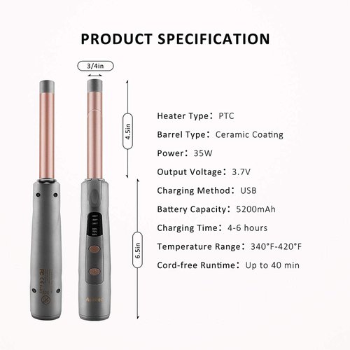 Aokitec 3/4 inch Cordless Travel Curling Iron Ceramic Coating Hair Curler with 5200mAh Battery, Instant Heating up to 420°F Wireless Battery Operated Curling Wand USB Charging Portable Hair Iron