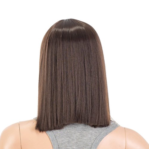 SWACC 12 Inch Short Length Straight Middle Part Hair Wig Synthetic Heat Resistant Wigs for Women with Wig Cap (Dark Brown-4#)