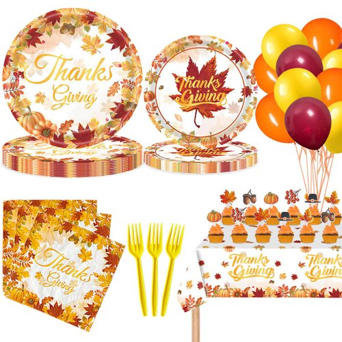 Fall Thanksgiving Party Supplies Set, Thanksgiving Tableware Set with Thanksgiving Plates and Napkins Forks Tablecloths Balloons Cake Toppers for Fall Thanksgiving Theme Party Decoration,Serves 24