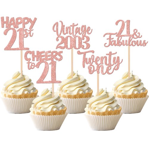 30PCS Happy 21st Birthday Cupcake Toppers Glitter Twenty One 21 Fabulous Vintage 2003 Cupcake Picks Cheers to 21 Years for 21st Birthday Anniversary Party Cake Decorations Supplies Rose Gold
