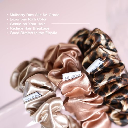 MTSNOO Silk Scrunchies for Hair Sleep 100% Pure 22 Momme Mulberry Mini Silk Scrunchies for Curly Hair with Elastic Band 3 Pack Silk Hair Ties Ropes Scrunchies Set for Women Girls