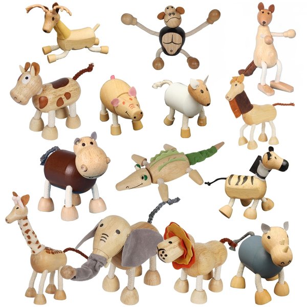 14 Pack Bendable Wooden Animal Figurines Toys, Smooth Natural Wood Zoo Farm Jungle Safari Animals Figures Toys, Preschool Learning & Education Toys for Toddlers Kids