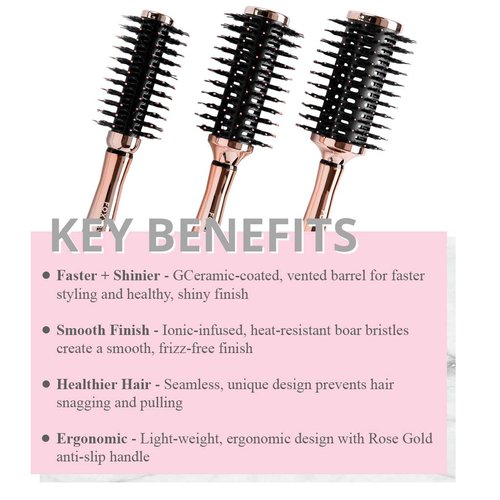 FoxyBae Hair Brush Set - Rose Gold Round Hair Detangler Brush for All Hair Types - Professional Hair Volumizer and Styling Brushes with Vented Barrel - Boar and Nylon Bristles
