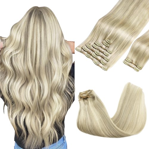 GOO GOO Clip in Hair Extensions Real Human Hair, Remy Human Hair Extensions Clip ins for Women, Natural Human Hair, 22inch 150g 9Pcs, 17A/60A Ash Blonde Highlighted Platinum Blonde