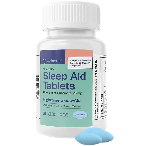 WELMATE | Doxylamine Succinate 25mg | Nighttime Sleep Aid | Safe & Effective | Non-Habit Forming | Sleep Aids for Adults & Children | for Women & Men | Made in USA | 200 Tablets
