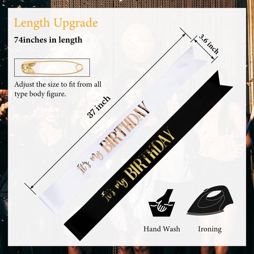 CIEHER (71.65" L x 3.6" W 2 Pack Birthday Sash for Women Girls, It's My Birthday Sash with Silver Glitter Fabric, Birthday Sashes, Birthday Decorations - White + Black Sash