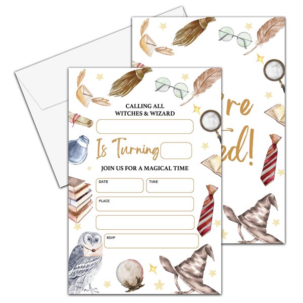YQV Magical Wizard Birthday Invitations Cards, 4"x 6" Magician Owl Birthday Party Invites with Envelopes for Halloween Party Decorations Supplies (20 Pieces) - A01