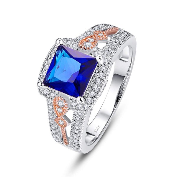 Empsoul 925 Sterling Silver Women's 7x7mm Princess Cut Filled Royalblue Quartz Rose Gold Weave Mystic Promise Wedding Ring Size 8
