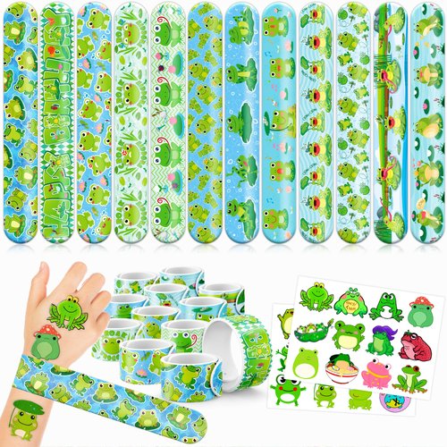 Cherisnowy 48 PCS Frog Party Favors 24PCS Tattoos Stickers 24PCS Slap Bracelets Wristbands Perfect for Themed Birthday Baby Showers or Classroom Rewards Ideal Decor and Gifts for Girls and Boys