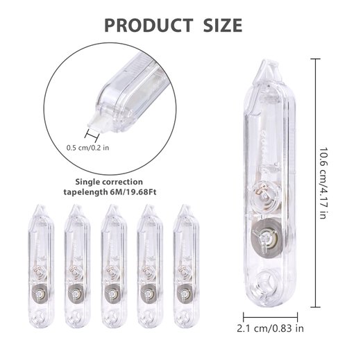 Valtiner 5-Piece Correction Tapes, Aesthetic Cute White Pull Out Tape, Quick Dry, Instant Correct, Easy to Use for School Office Supplies (Transparent)