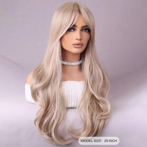 WTHCOS Blonde Wig Long Curly Wavy With Bangs for Women Ash Blonde Wig Heat Resistant Synthetic Hair Wigs for Daily Use Cosplay Wig With Wig Cap