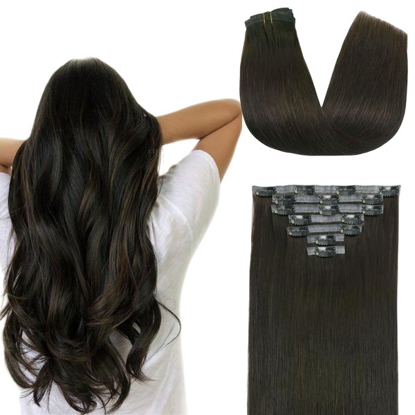 FUOTONBUTY Clip in Hair Real Human Hair Double Stitched 7pcs, Dark Brown to Black Human Hair Clip in Extension, Seamless Clip in Hair Extensions 90g, Invisible Clip in Hair Extensions 14 Inch