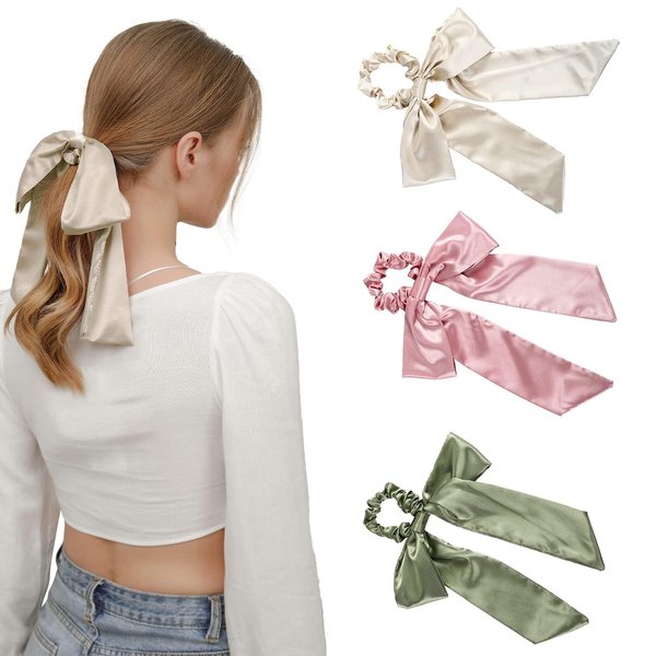 Silk Satin Hair Bow Scrunchies - 3PCS Solid Bow Hair Ties Scrunchy Bowknot Ponytail Holder for Women or Girls