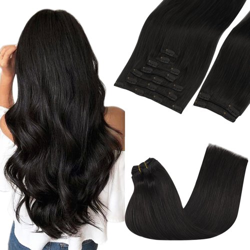 GOO GOO Clip in Hair Extensions Real Human Hair, 18inch 150g 9Pcs, 1B Natural black, Remy Human Hair Extensions Clip ins for Women, Natural Human Hair