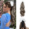 BUPPLER Ponytail Extension with Scrunchies Ponytail Wig Claw Clip in Fake Ponytail Hair Extensions Synthetic High/Low Pony Tail Hair Piece for Women (Frost White Scrunchie Brown Ash Blonde Wavy)