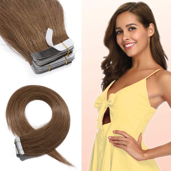 Hairro 24" 100g Remy Human Hair Tape in Hair Extensions 40pcs Light Brown Balayage Long Straight Hair Seamless Skin Weft Invisible Double Sided Tape #6 Light Brown