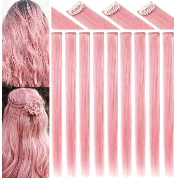 ECOCHARMS 9PCS Princess Party Highlights Clip in Smoke Pink Hair Extensions Christmas Costumes Wig for Woman(Light Pink)
