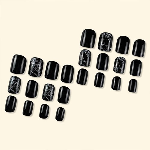 Acrylic Press on Nails Short Square Fake Nails Black Full Cover Glue on Nails White Crack Designs False Nails Press ons Glossy Artificial Stick on Nails for Women & Girls 24Pcs