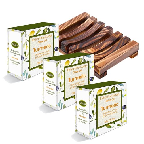 Kalliston, Extra Fine Olive Oil Soap, 100% Natural w/ Organic Ingredients, Therapeutic, Fine Spa Soaps, product of Greece, 4.5oz Each (Turmeric Intensive Care)