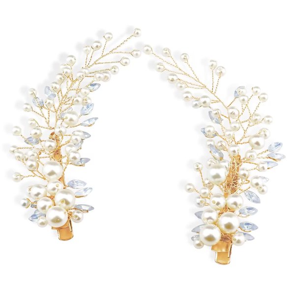 Sppry Wedding Pearl Hair Clips（2PCS）- Rhinestone Hair Accessories for Bridal Women（Gold)