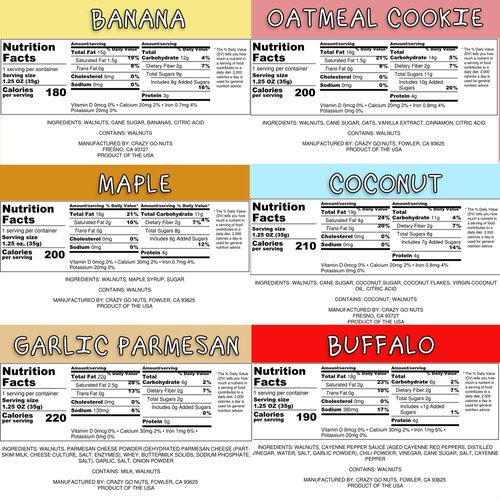 Crazy Go Nuts Walnuts Sampler 6-Pack - Banana, Buffalo, Coconut, Garlic Parmesan, Maple, and Oatmeal Cookie - Healthy Snacks, Gluten Free, Superfood, Natural, Omega 3 Fatty Acids, and Antioxidants