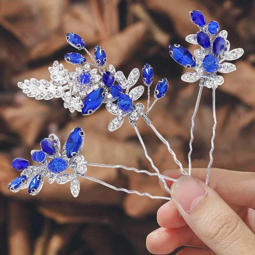 Latious Crystal Bride Wedding Hair Pins Blue Rhinestone Hair Clips Bridal Hair Accessories for Women and Girls