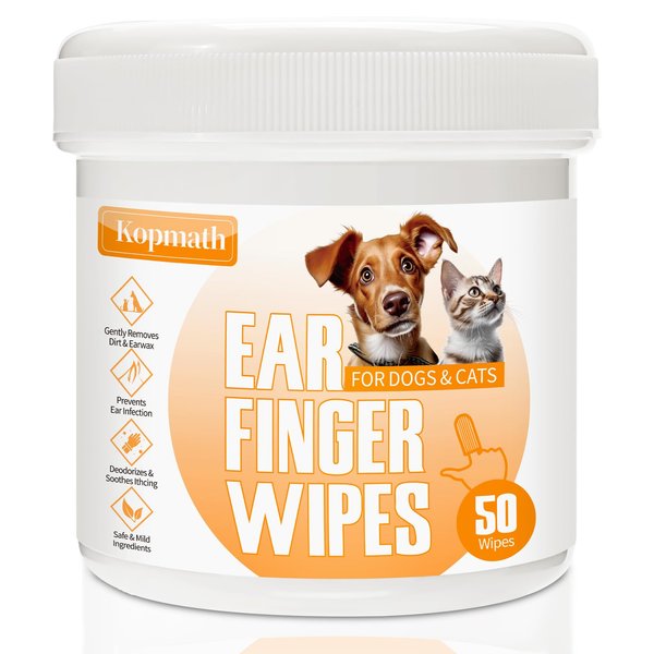 Kopmath Ear Cleaner Finger Wipes for Dogs & Cats, Gently Clean Earwax & Dirt, Soothe Ear Itching, Easy to Use, Natural Pet Ear Wipe for Dog, Unscented, 50 Disposable Count
