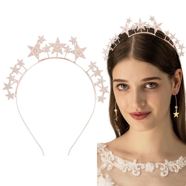 BAHABY Rhinestone Star Headband Star Halo Headband Crystal Bride Headpiece Goddess Tiara for Women and Girls (Rose Gold)