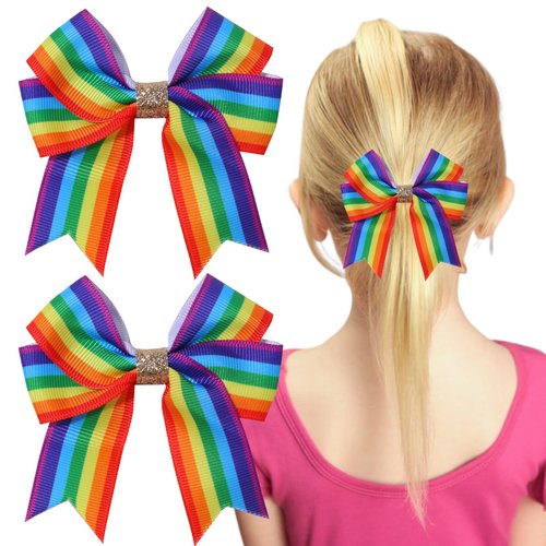 Rainbow Hair Bow Clips Colorful Rainbow Girls Bow Clip Fashion Bow Alligator Clips Colour Stripe Gold Glitter Bowknot Hairpin Parade Party Hair Accessories for Kid Girls Women Pride Day Party 2pcs