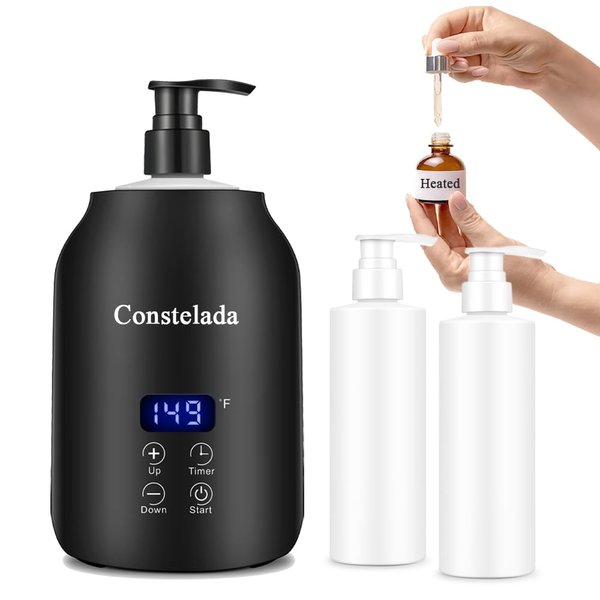 Constelada Massage Oil Warmer Professional Lotion Warmer Dispenser Heated for Massage Therapy Lube Warmer Gel Warmer Cream Warmer Dispenser Heater 2 Bottles Included for Home Beauty Spa Salon (Black)