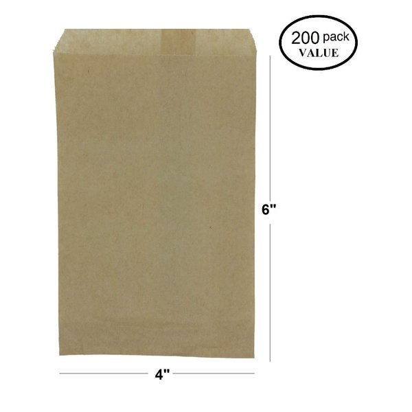 N'ice Packaging 200 Kraft Flat Paper Bags Good for Candy, Cookies, Small Gift, Crafts, Party Favor, Sandwich, or Merchandising - no Gussett (Kraft, 4" x 6")