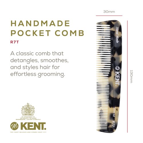 Kent R7T TW Fine and Wide Tooth Hair Comb - 5.1" Handmade Pocket Comb for Men, Best Beard Comb and Mustache Comb for Everyday Grooming and Styling - Sawcut Kent Comb, Made in England