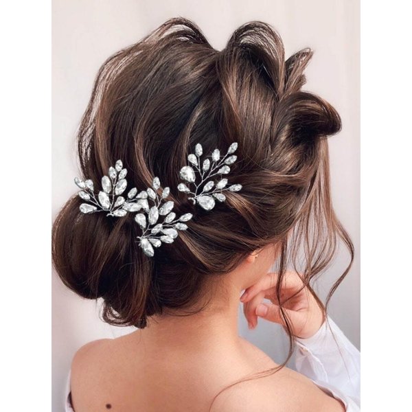 Unicra Bride Wedding Crystal Hair Pins Bridal Silver Hair Piece Rhinestone Hair Accessories for Women and Girls (Pack of 3)