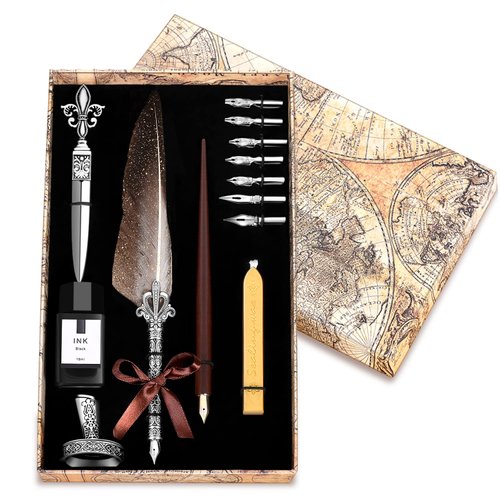 NOPOINO Vintage Quill Pen Ink Set,Feather Quill Pen with Wooden Calligraphy Pen, Including 7 Different Sizes of Nib, Calligraphy pen Set Gift & Women and Man(Grey)