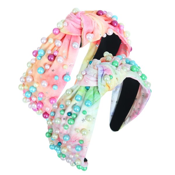 CULHEITE 2 Pcs Knotted Headbands for Women Pearl Tie Dye Headband Colorful Jeweled Embellished Gem Hairband Fashion Accessories in Spring Summer