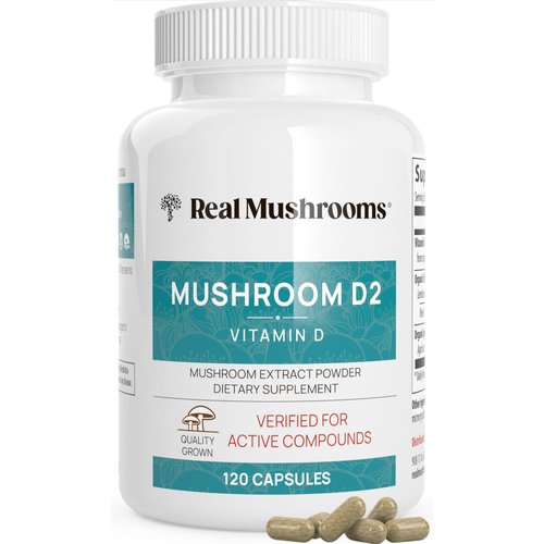 Real Mushrooms Vitamin D2 (120 ct) Vegan Vitamin D Supplements - Organic Vitamin D Vegan Supplement 1000 IU Shiitake & Agaricus Mushroom Complex - Vegan Vitamins for Bone & Muscle Health, Energy, Mood