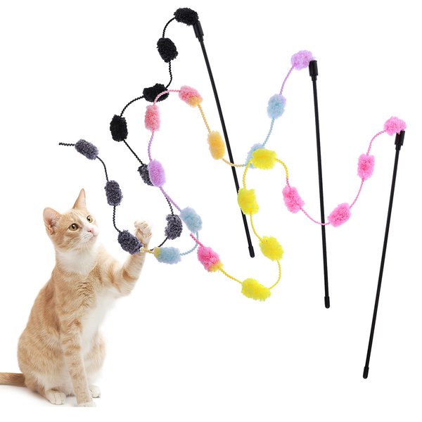 cobee Cat String Toys, 3 Pack Interactive Cat Teaser Wand String Toys Colorful Ribbon with Furry Plush Balls for Kittens Stick Cat Toys for Indoor, Cats to Play Chase Exercise