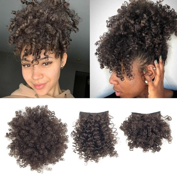 UAmy hair Afro Puff Drawstring Ponytail with 2 Replaceable Bangs for Black Women Short Afro Kinky Curly Hair Bun with Afro Puff Bangs and Spring Curl Bangs Synthetic Messy Bun Clip in Hairpieces