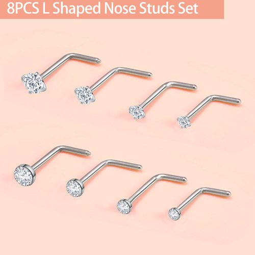 Lucktree 8PCS Nose Studs, Surgical Steel Nose Stud 20 Gauge, Nose Piercing, L Shaped Body Jewelry for Women Men Girls, Silver, CZ Diamond 1.5mm 2mm 2.5mm 3mm